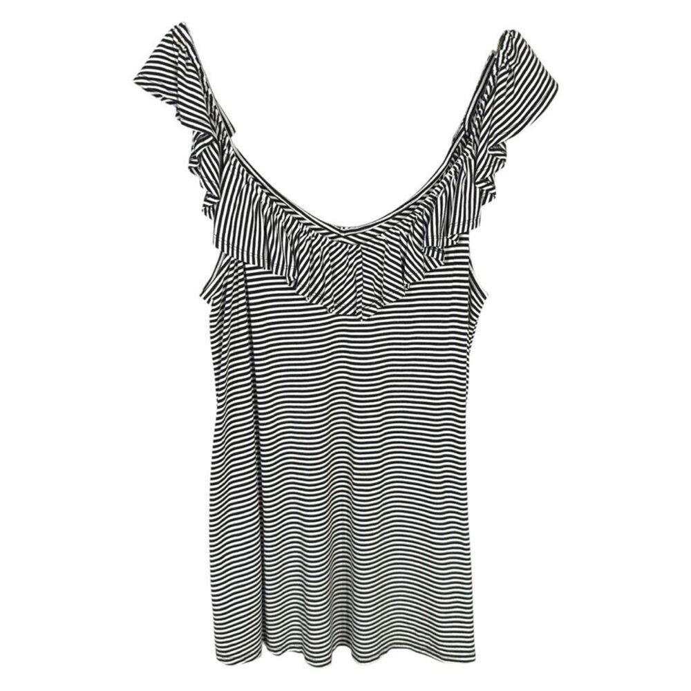 Torrid Tank Top Super Soft V Neck Ruffle Black White Striped Sz 14 - Picture 4 of 10